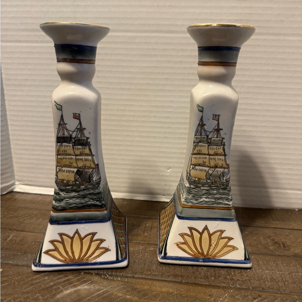 Vintage Nautical Themed Ceramic Candle Holders - White and Gold